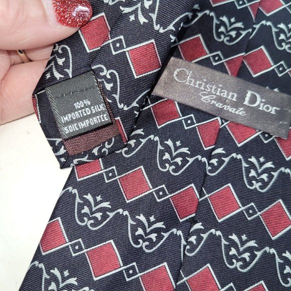 Christian Dior Cravate Tie Mens Silk Handmade Black/Red Print Preppy Business - Picture 4 of 8